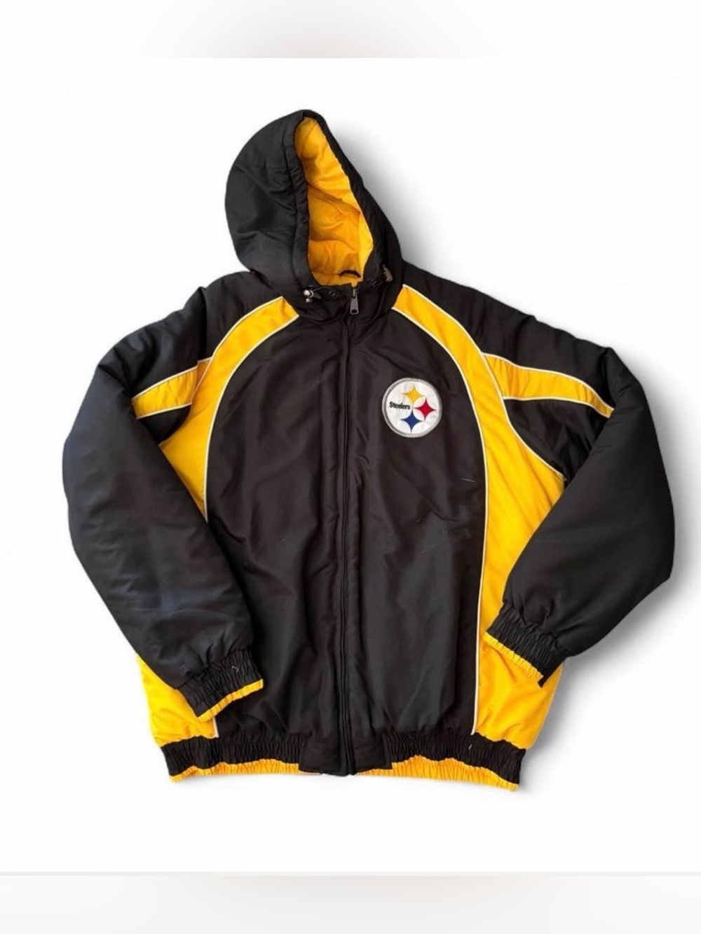 🏈 Pittsburgh Steelers NFL Hooded Puffer Jacket Black & Gold Size Large